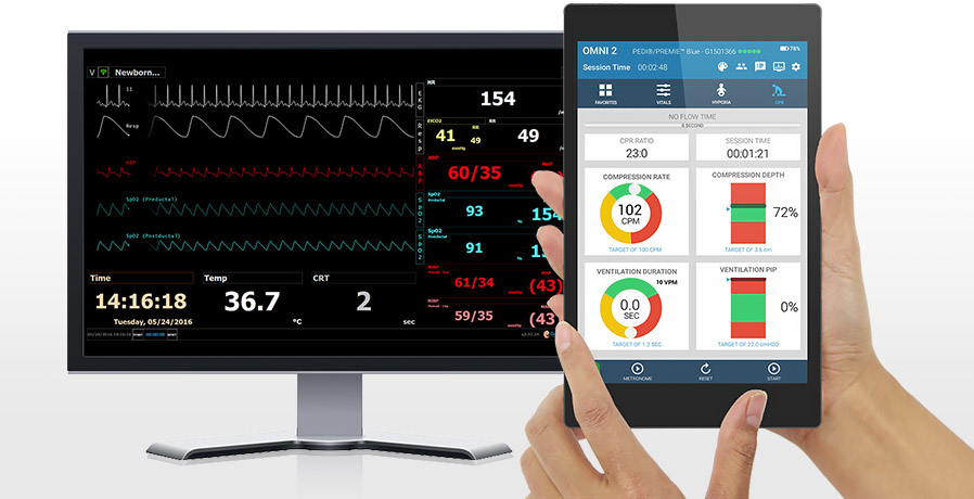Dispositivo OMNI 2 e monitor com interface de sinais vitais