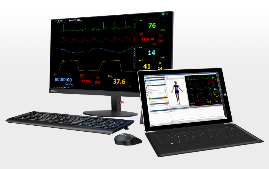 Monitor com interface dos sinais vitais e Laptop com interface de software UNI