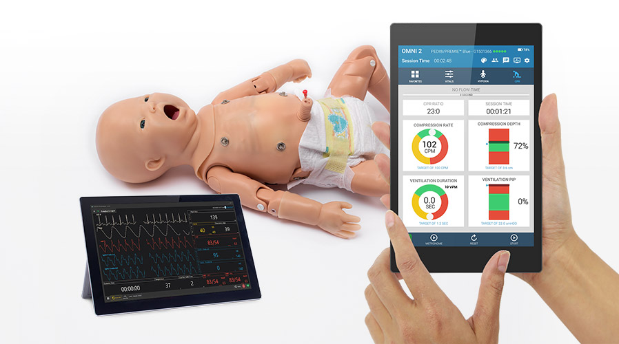 Interface do dispositivo OMNI 2 e simulador de recém-nascido em segundo plano