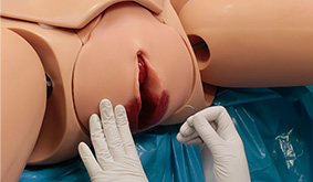 Simulação de uma episiotomia no orgão genital do simulador