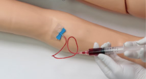 Profissonal realizandoacesso intravenoso no braço do simulador